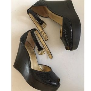 Coach Chocolate python leather open toe ankle strap wedge heels Sz 7B Women
